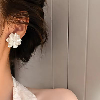 Acrylic White Camellia Flowers Stud Earrings